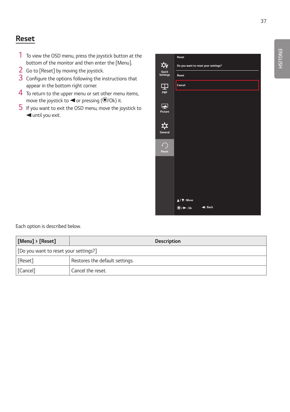 Reset 1 | LG 27HJ713C-B 27" 16:9 8MP IPS Clinical Review Monitor User Manual | Page 37 / 43