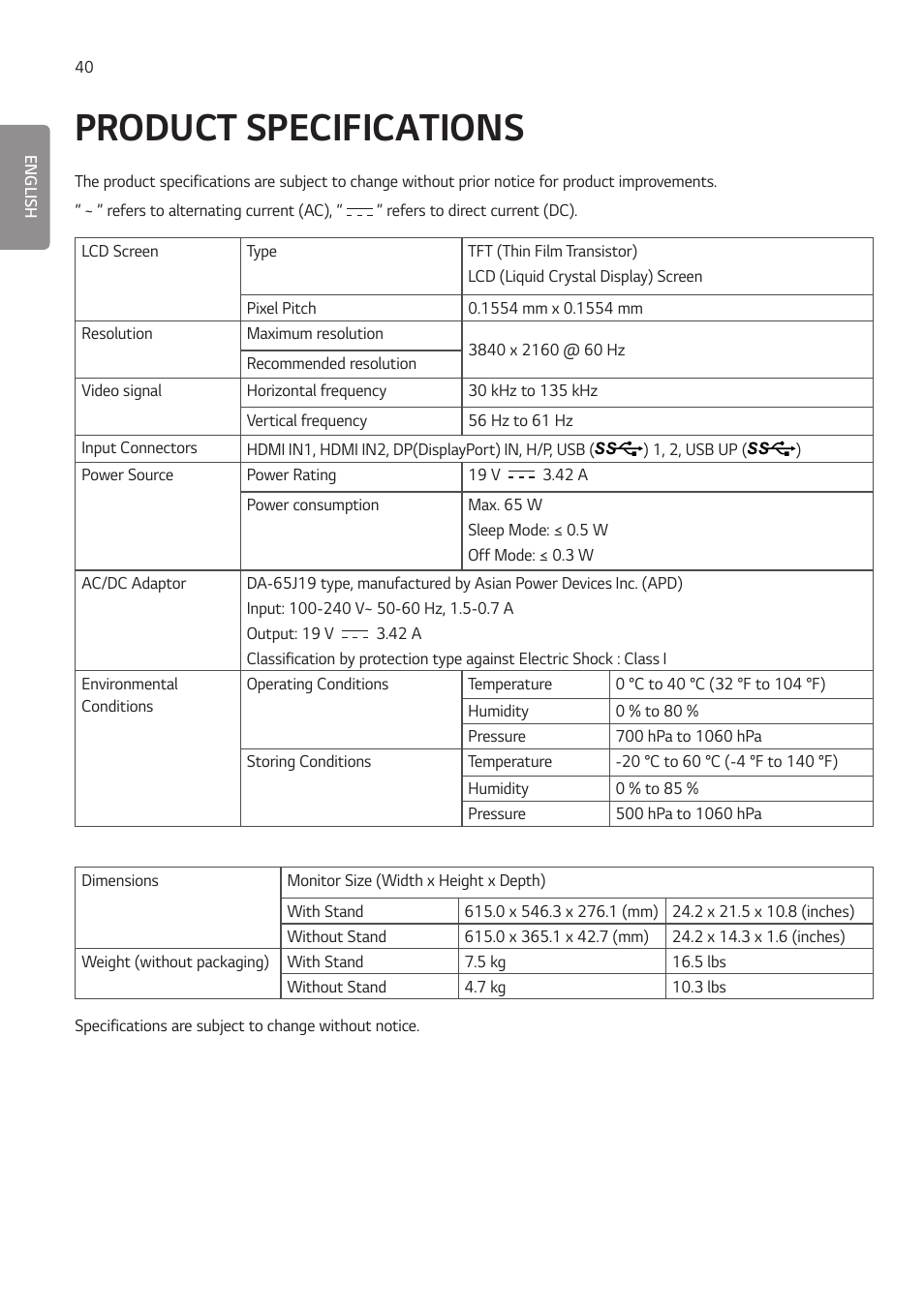 Product specifications | LG 27HJ713C-B 27" 16:9 8MP IPS Clinical Review Monitor User Manual | Page 40 / 43