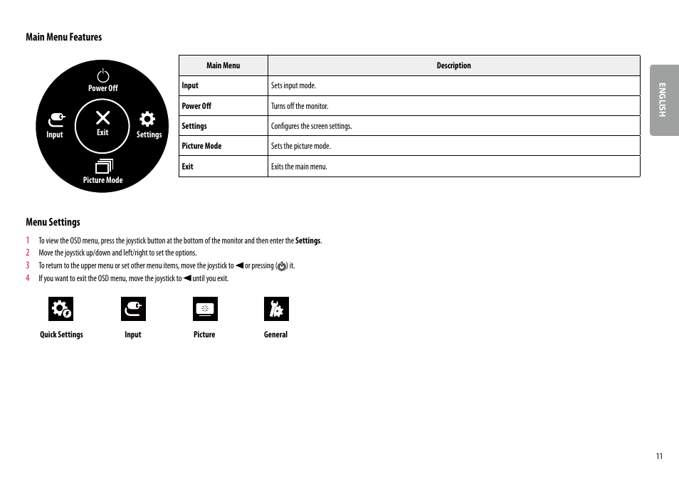 Main menu features, Menu settings | LG 27QN600-B 27" 16:9 FreeSync QHD IPS Monitor User Manual | Page 11 / 29