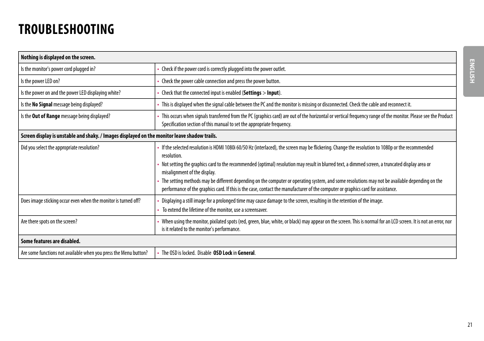 Troubleshooting | LG 27QN600-B 27" 16:9 FreeSync QHD IPS Monitor User Manual | Page 21 / 29