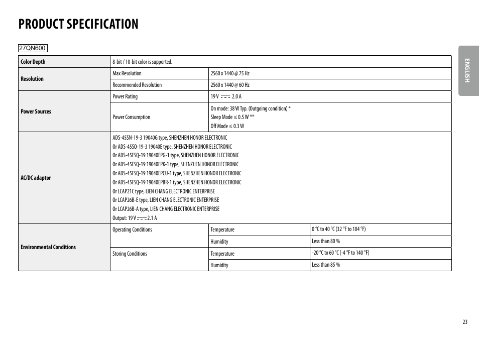 Product specification | LG 27QN600-B 27" 16:9 FreeSync QHD IPS Monitor User Manual | Page 23 / 29