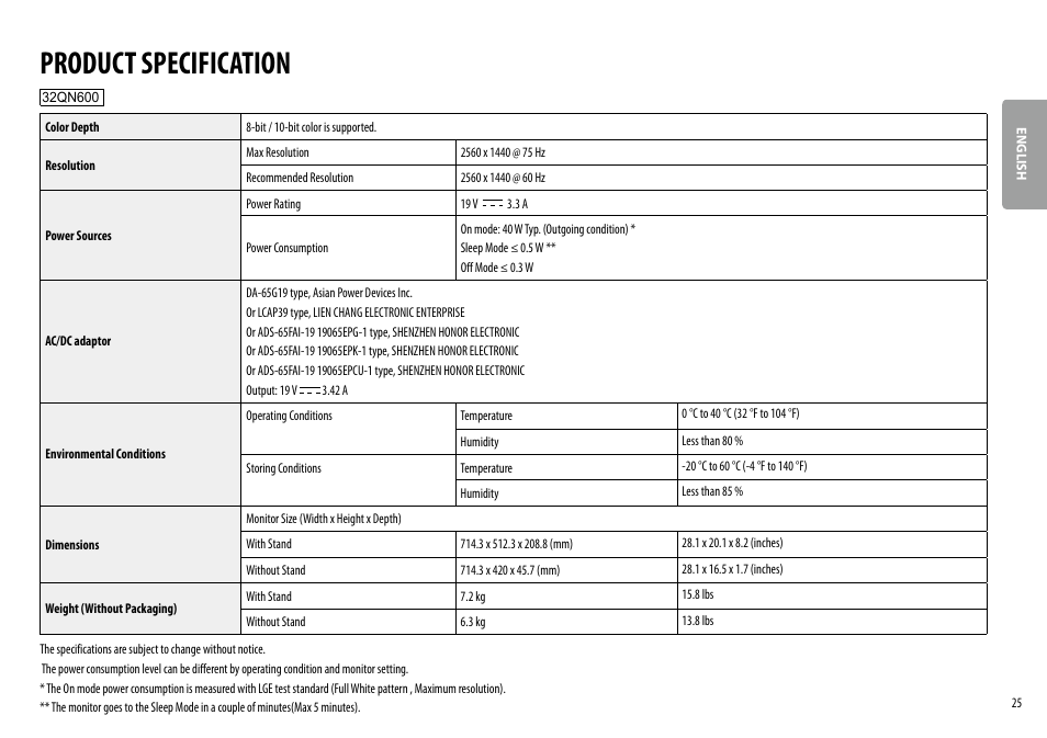 Product specification | LG 27QN600-B 27" 16:9 FreeSync QHD IPS Monitor User Manual | Page 25 / 29