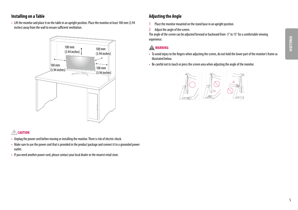 Installing on a table, Adjusting the angle | LG 27QN600-B 27" 16:9 FreeSync QHD IPS Monitor User Manual | Page 5 / 29