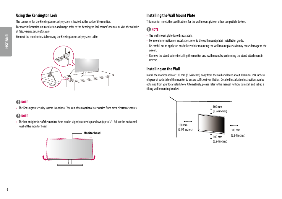 Using the kensington lock, Installing the wall mount plate, Installing on the wall | LG 27QN600-B 27" 16:9 FreeSync QHD IPS Monitor User Manual | Page 6 / 29