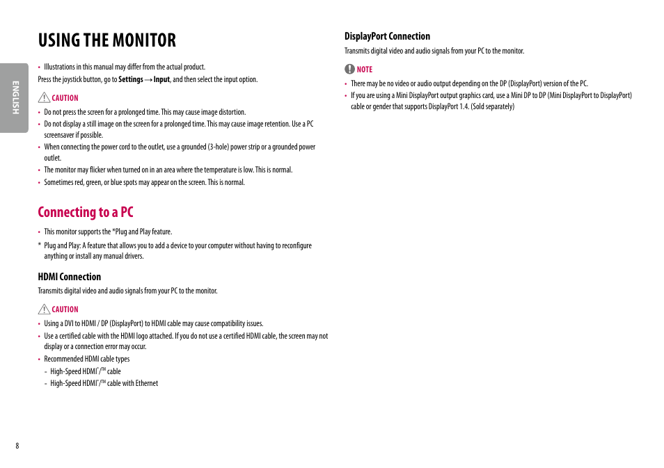 Using the monitor, Connecting to a pc, Hdmi connection | Displayport connection | LG 27QN600-B 27" 16:9 FreeSync QHD IPS Monitor User Manual | Page 8 / 29