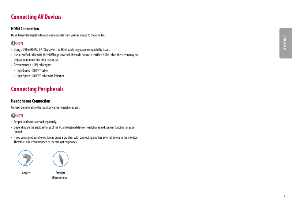 Connecting av devices, Connecting peripherals, Hdmi connection | Headphones connection | LG 27QN600-B 27" 16:9 FreeSync QHD IPS Monitor User Manual | Page 9 / 29