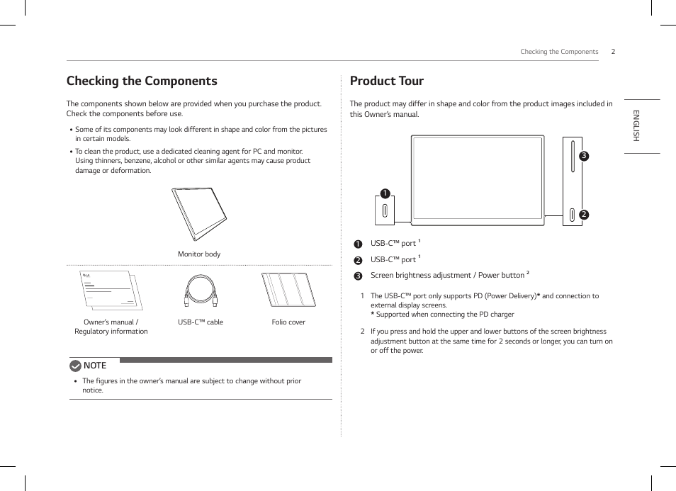 Checking the components, Product tour | LG gram +view 16" QHD+ Portable Monitor (Silver) User Manual | Page 3 / 12