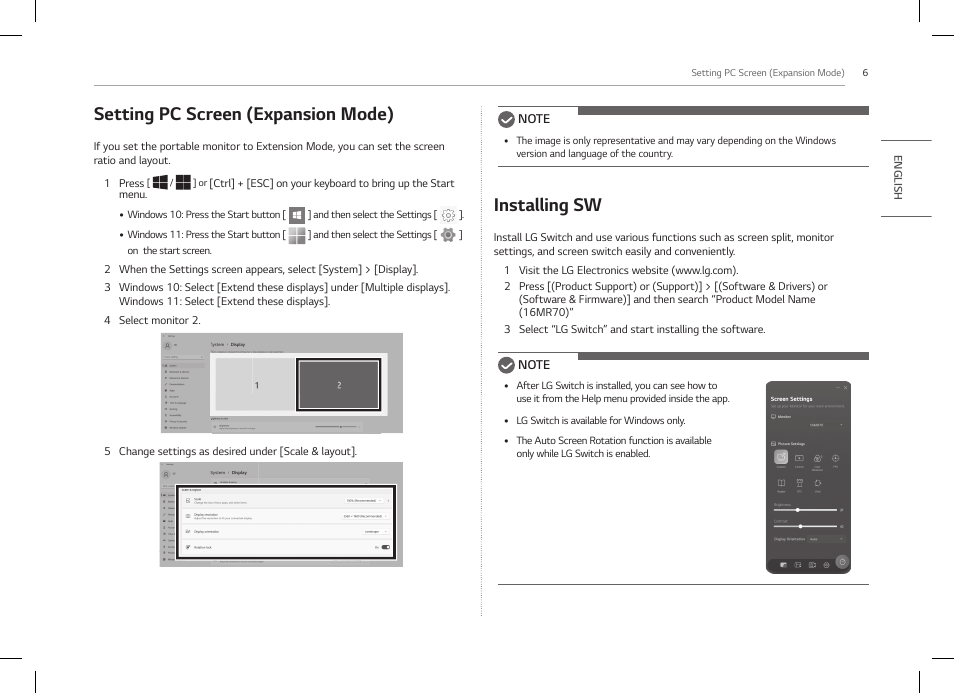 Setting pc screen (expansion mode), Installing sw | LG gram +view 16" QHD+ Portable Monitor (Silver) User Manual | Page 7 / 12