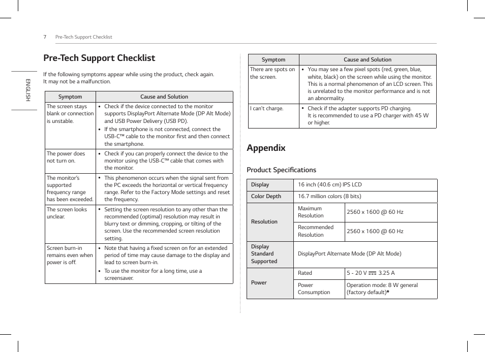 Pre-tech support checklist, Appendix, Product specifications | LG gram +view 16" QHD+ Portable Monitor (Silver) User Manual | Page 8 / 12