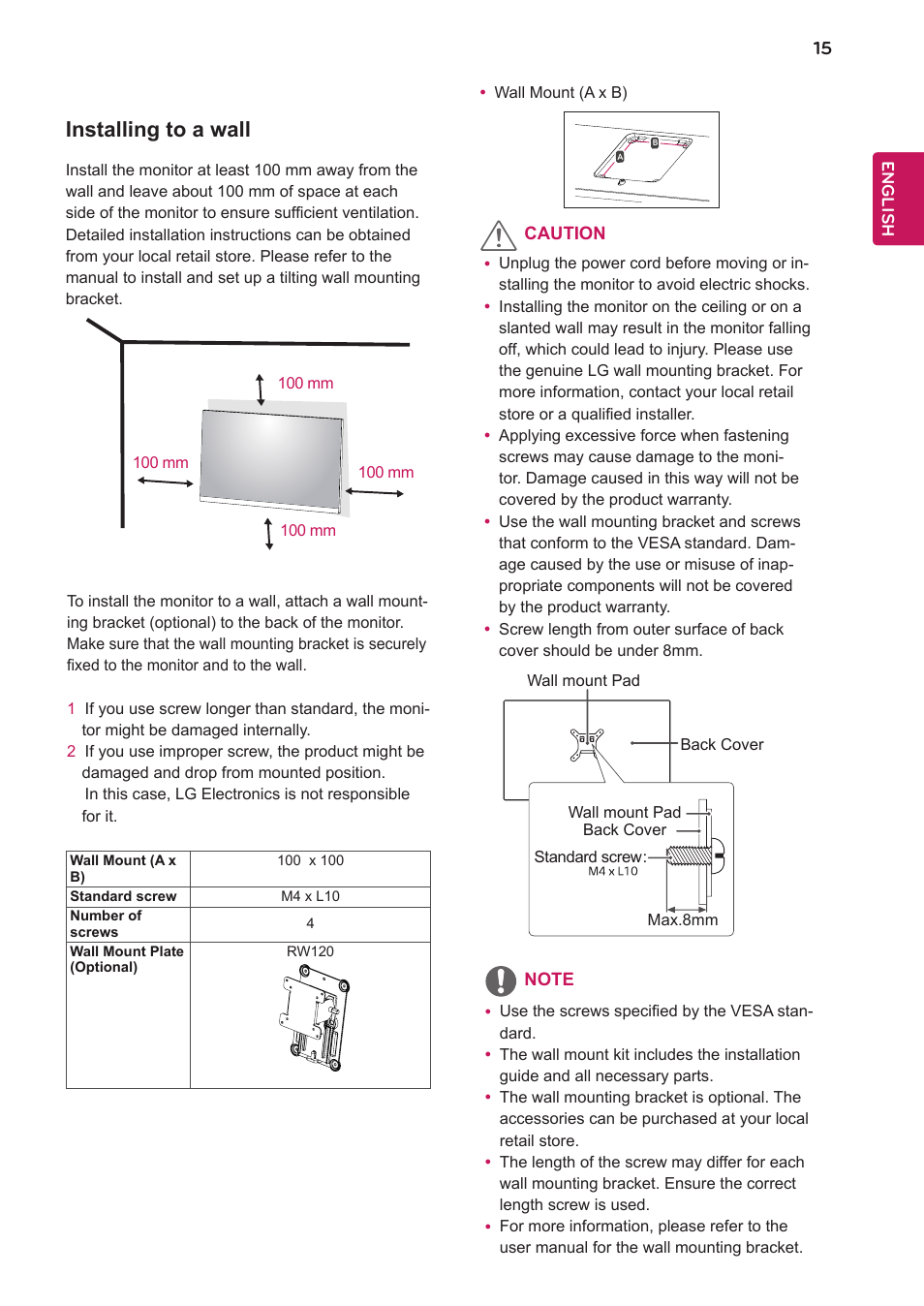 Installing to a wall | LG 24BK750Y-B 24" 16:9 IPS Monitor User Manual | Page 16 / 29