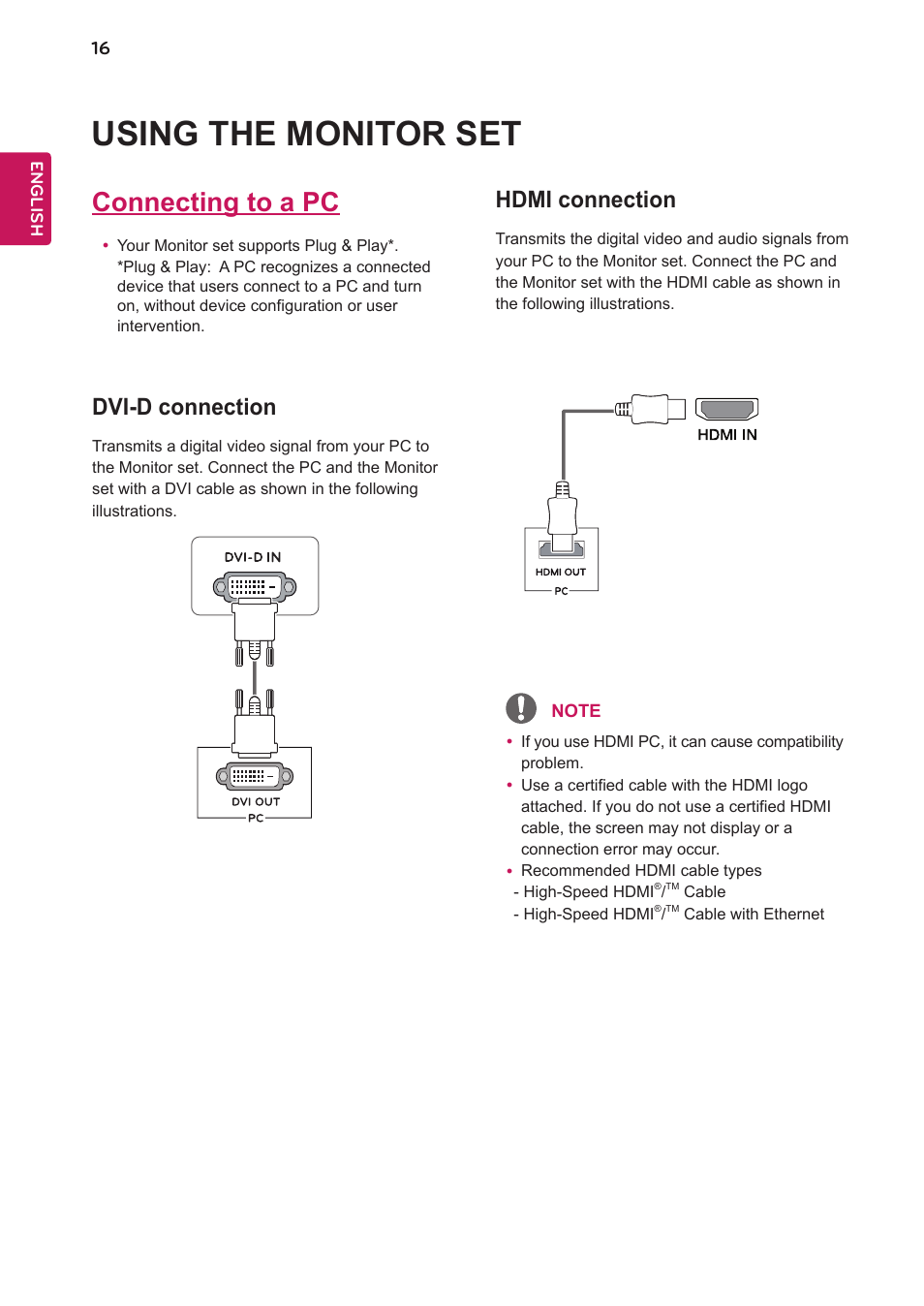 Using the monitor set, Connecting to a pc, Hdmi connection | Dvi-d connection | LG 24BK750Y-B 24" 16:9 IPS Monitor User Manual | Page 17 / 29