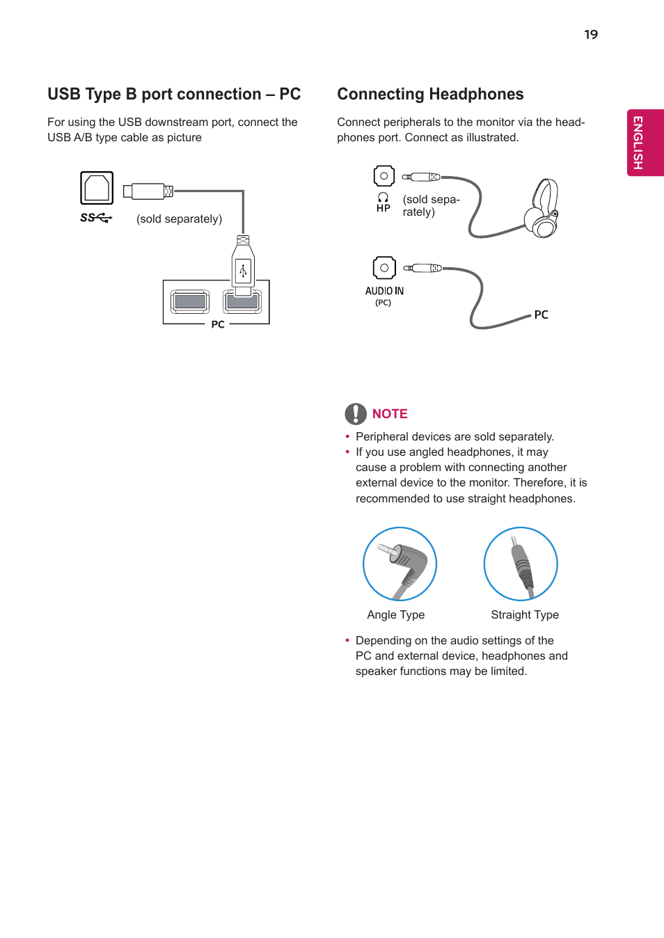 Connecting headphones, Usb type b port connection – pc | LG 24BK750Y-B 24" 16:9 IPS Monitor User Manual | Page 20 / 29