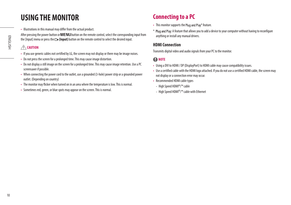 Using the monitor, Connecting to a pc, Hdmi connection | LG UltraGear 47.5" 4K HDR 138 Hz Gaming Monitor User Manual | Page 10 / 30