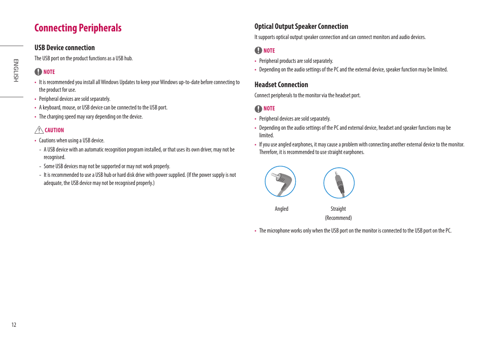 Connecting peripherals, Usb device connection, Optical output speaker connection | Headset connection | LG UltraGear 47.5" 4K HDR 138 Hz Gaming Monitor User Manual | Page 12 / 30