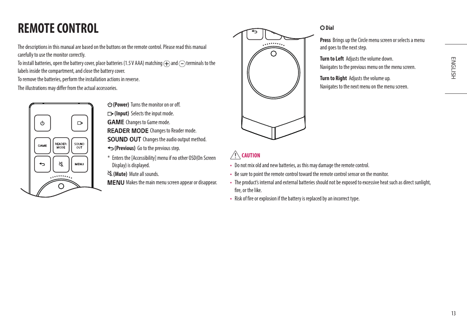 Remote control | LG UltraGear 47.5" 4K HDR 138 Hz Gaming Monitor User Manual | Page 13 / 30