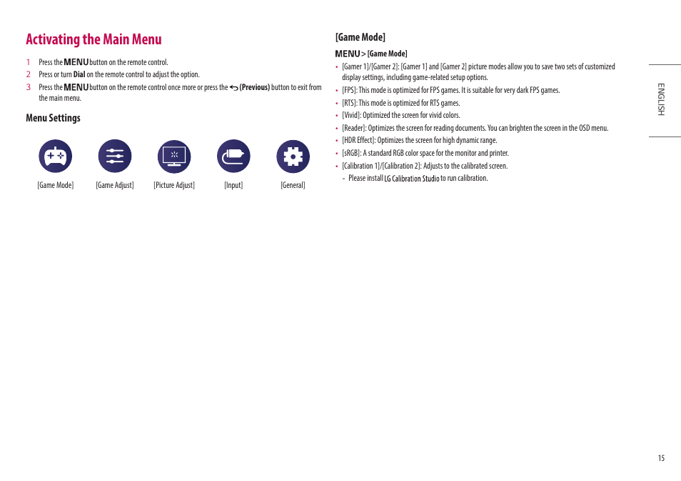 Activating the main menu, Menu settings, Game mode | LG UltraGear 47.5" 4K HDR 138 Hz Gaming Monitor User Manual | Page 15 / 30