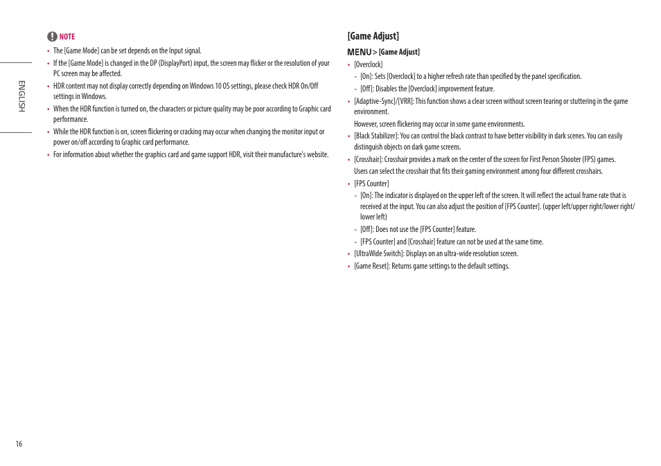 Game adjust | LG UltraGear 47.5" 4K HDR 138 Hz Gaming Monitor User Manual | Page 16 / 30