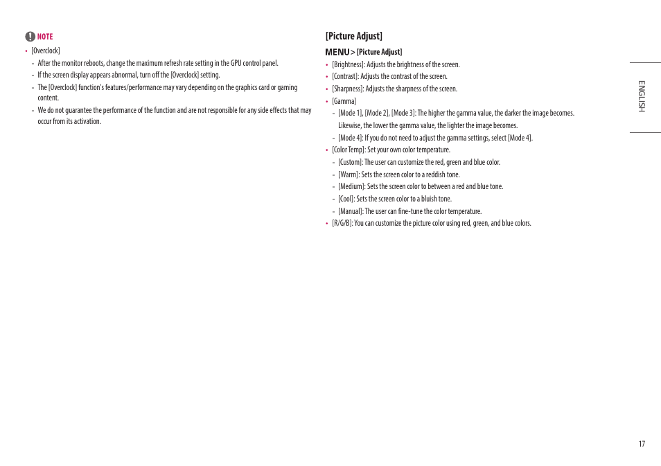 Picture adjust | LG UltraGear 47.5" 4K HDR 138 Hz Gaming Monitor User Manual | Page 17 / 30