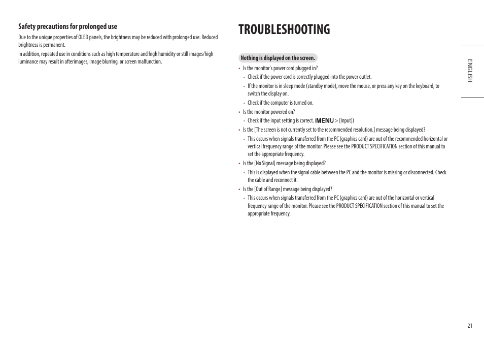 Troubleshooting, Safety precautions for prolonged use | LG UltraGear 47.5" 4K HDR 138 Hz Gaming Monitor User Manual | Page 21 / 30