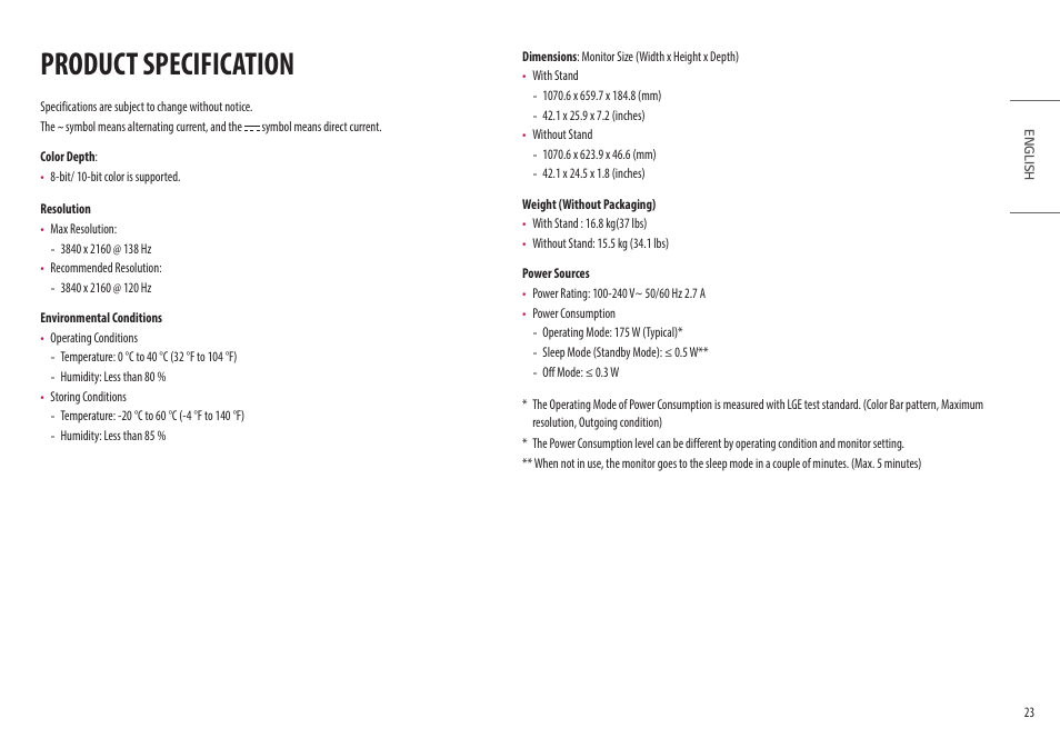 Product specification | LG UltraGear 47.5" 4K HDR 138 Hz Gaming Monitor User Manual | Page 23 / 30