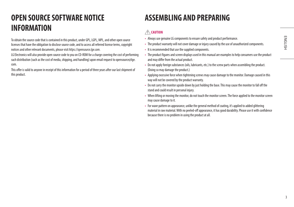 Open source software notice information, Assembling and preparing | LG UltraGear 47.5" 4K HDR 138 Hz Gaming Monitor User Manual | Page 3 / 30