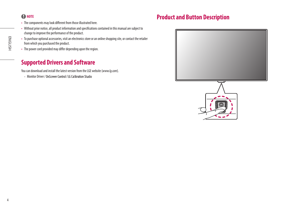 Supported drivers and software, Product and button description | LG UltraGear 47.5" 4K HDR 138 Hz Gaming Monitor User Manual | Page 4 / 30