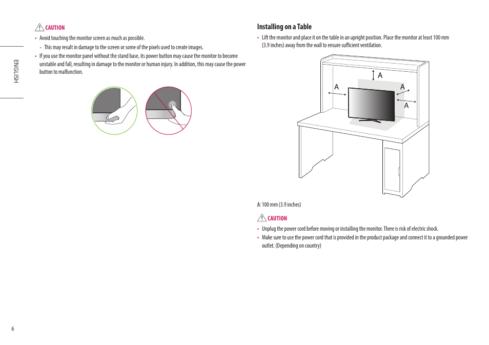 Installing on a table | LG UltraGear 47.5" 4K HDR 138 Hz Gaming Monitor User Manual | Page 6 / 30