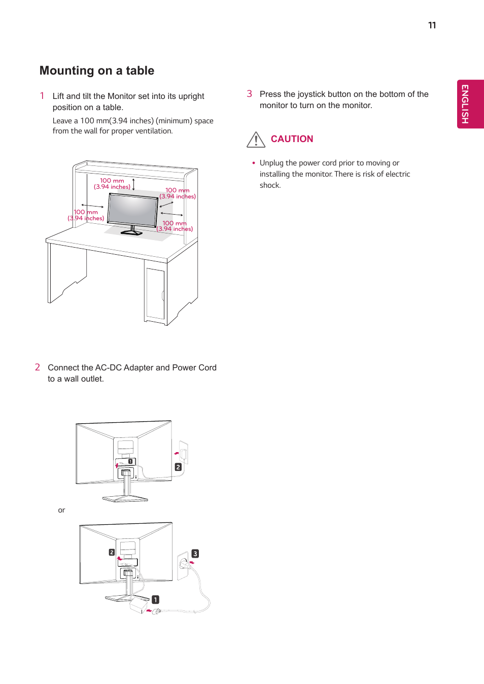 Mounting on a table | LG 24BK430H-B 23.8" 16:9 IPS FreeSync Monitor User Manual | Page 11 / 30