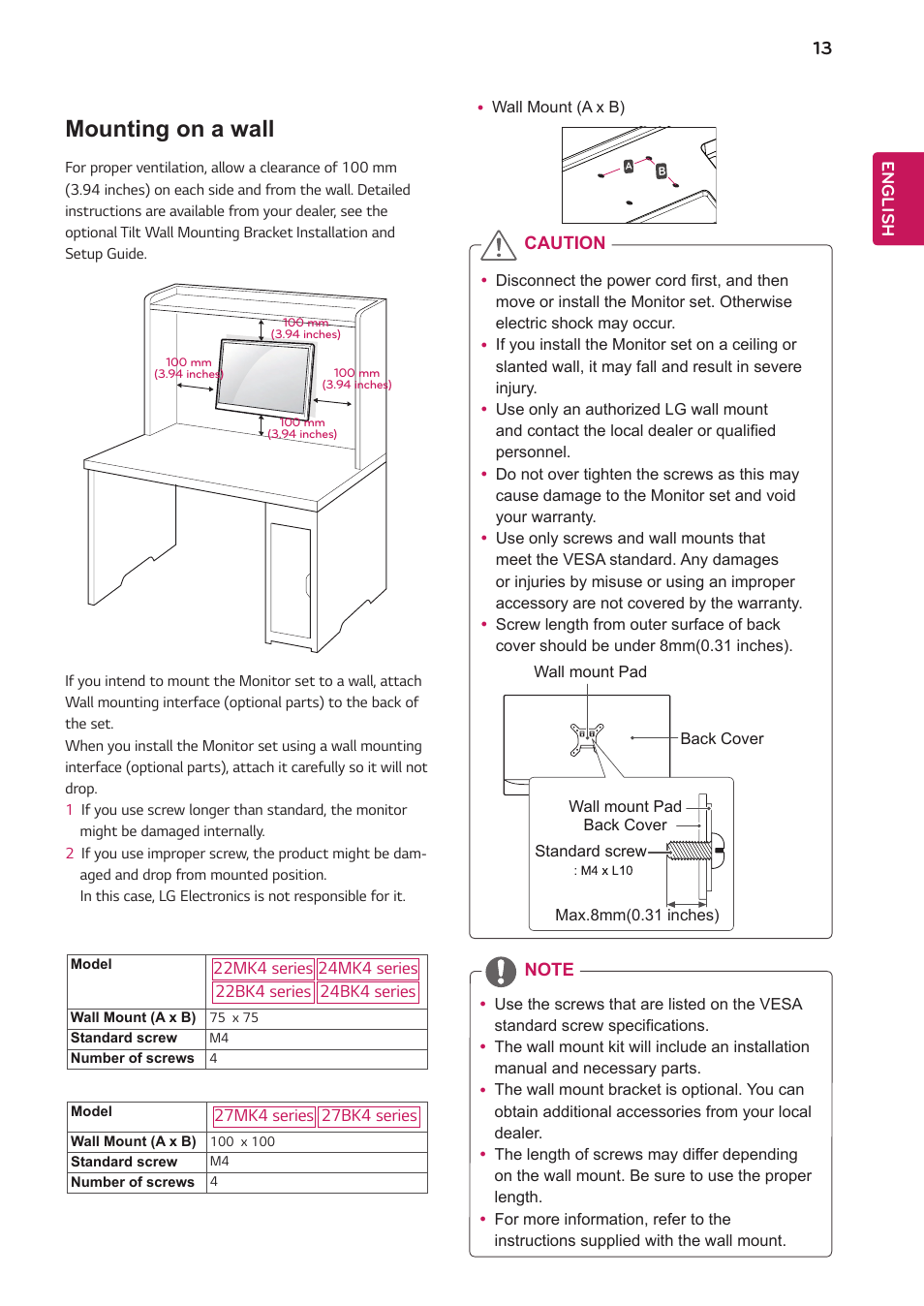 Mounting on a wall | LG 24BK430H-B 23.8" 16:9 IPS FreeSync Monitor User Manual | Page 13 / 30