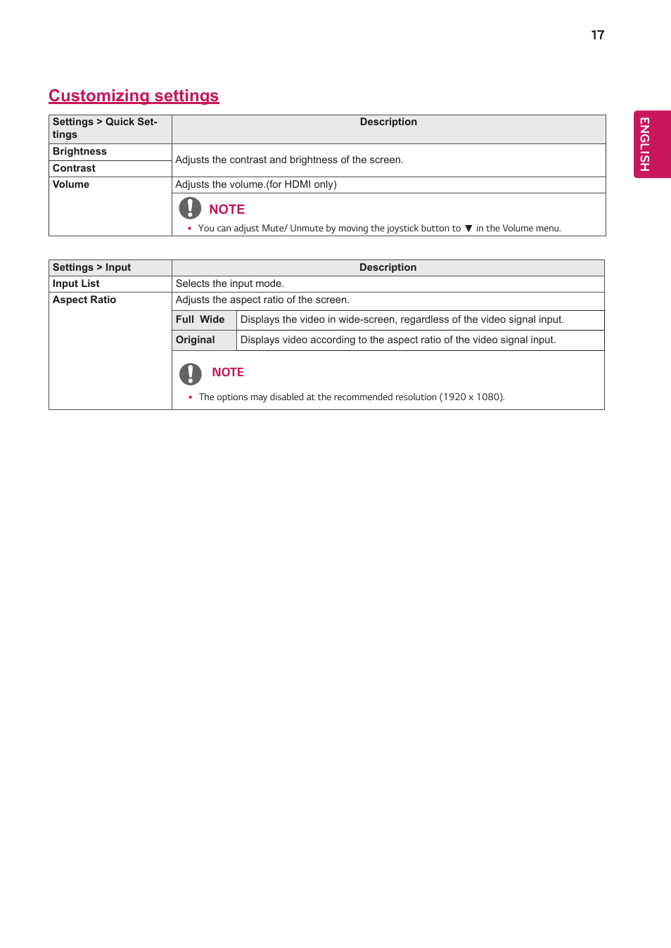 Customizing settings | LG 24BK430H-B 23.8" 16:9 IPS FreeSync Monitor User Manual | Page 17 / 30