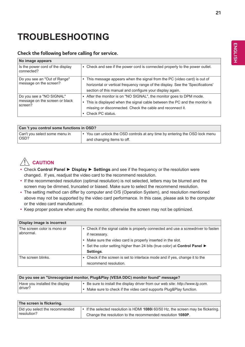 Troubleshooting, Check the following before calling for service | LG 24BK430H-B 23.8" 16:9 IPS FreeSync Monitor User Manual | Page 21 / 30