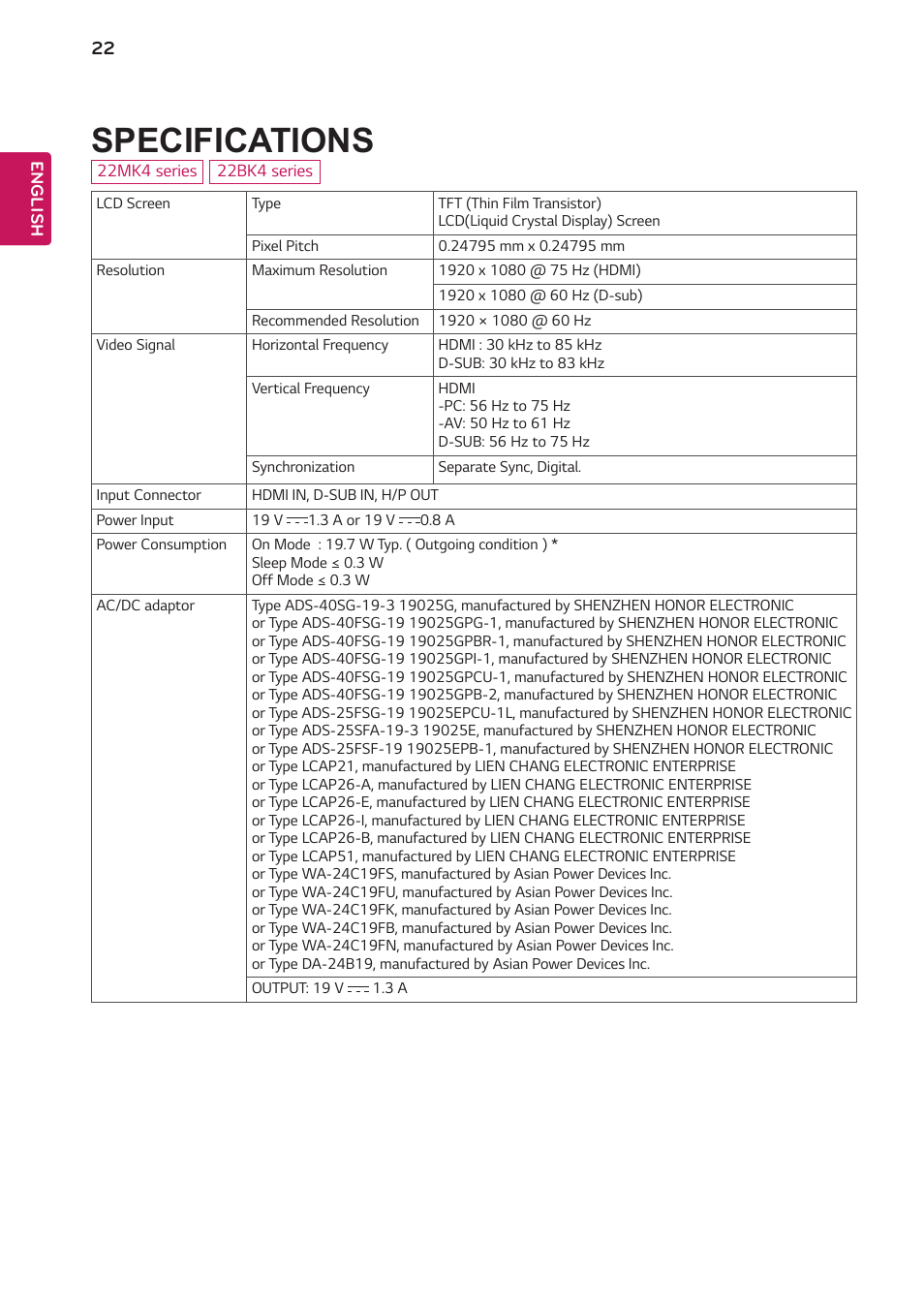 Specifications | LG 24BK430H-B 23.8" 16:9 IPS FreeSync Monitor User Manual | Page 22 / 30