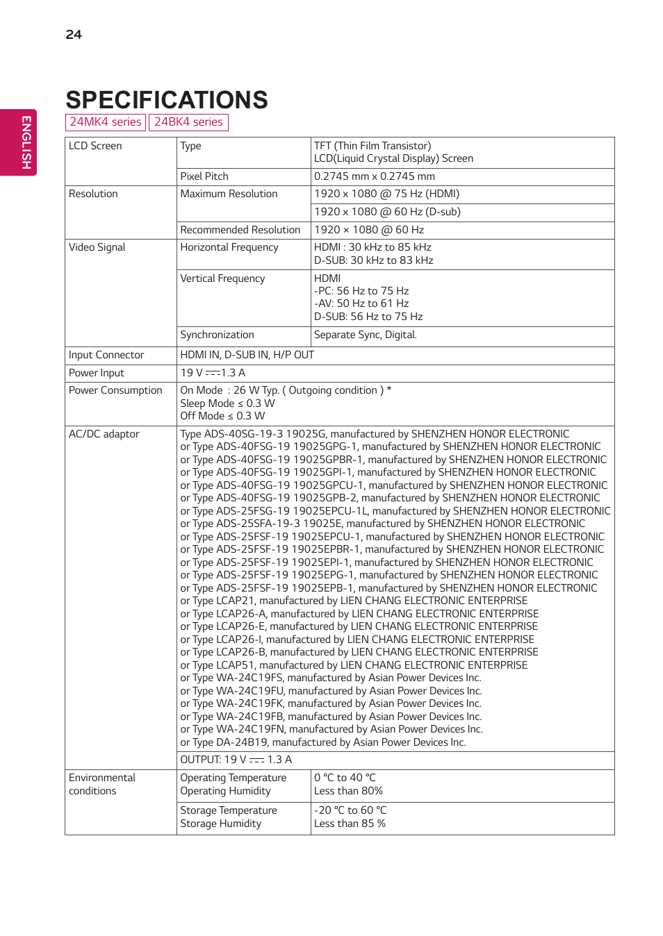 Specifications | LG 24BK430H-B 23.8" 16:9 IPS FreeSync Monitor User Manual | Page 24 / 30