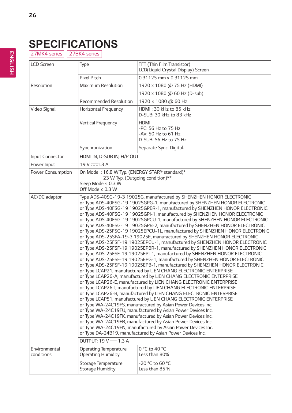 Specifications | LG 24BK430H-B 23.8" 16:9 IPS FreeSync Monitor User Manual | Page 26 / 30