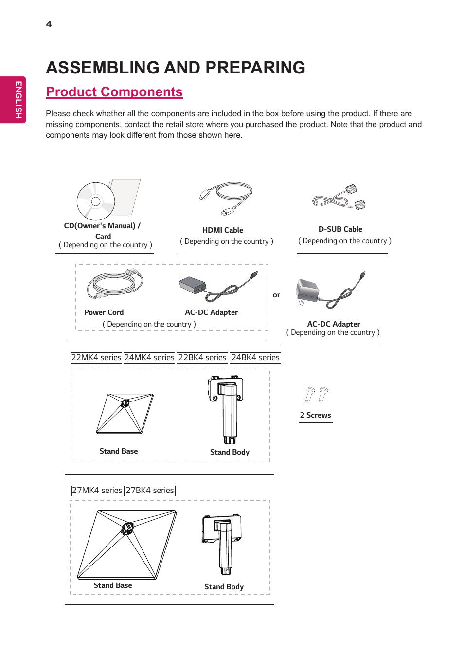 Assembling and preparing, Product components | LG 24BK430H-B 23.8" 16:9 IPS FreeSync Monitor User Manual | Page 4 / 30