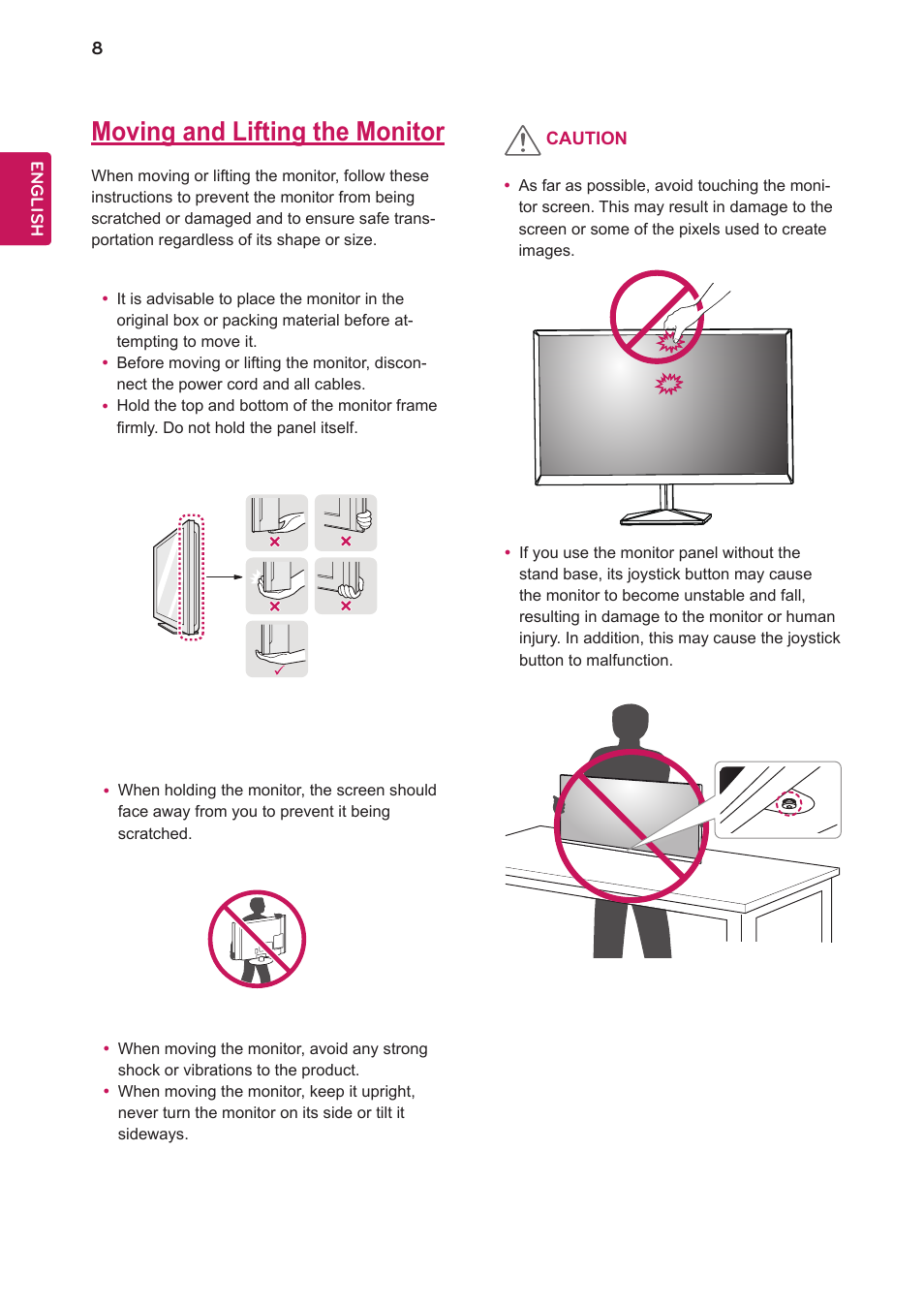 Moving and lifting the monitor | LG 24BK430H-B 23.8" 16:9 IPS FreeSync Monitor User Manual | Page 8 / 30