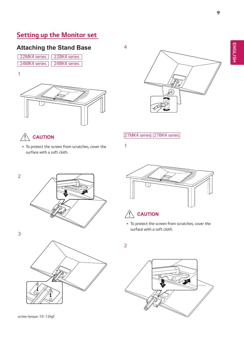 Setting up the monitor set, Attaching the stand base | LG 24BK430H-B 23.8" 16:9 IPS FreeSync Monitor User Manual | Page 9 / 30