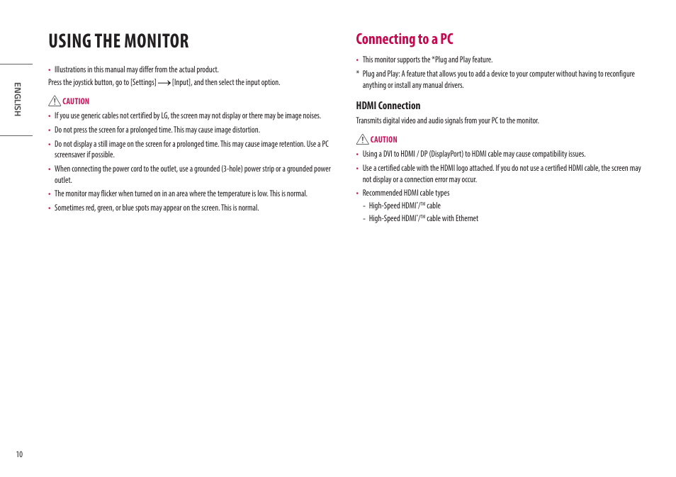 Using the monitor, Connecting to a pc, Hdmi connection | LG UltraWide 49WL95C-WY.AUS 49" 32:9 Curved Dual QHD HDR IPS Monitor User Manual | Page 10 / 29