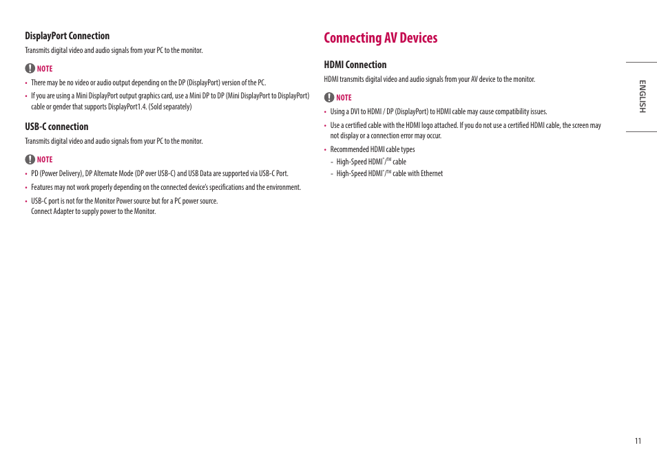 Connecting av devices, Displayport connection, Usb-c connection | Hdmi connection | LG UltraWide 49WL95C-WY.AUS 49" 32:9 Curved Dual QHD HDR IPS Monitor User Manual | Page 11 / 29