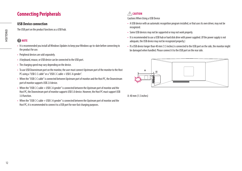 Connecting peripherals, Usb device connection | LG UltraWide 49WL95C-WY.AUS 49" 32:9 Curved Dual QHD HDR IPS Monitor User Manual | Page 12 / 29