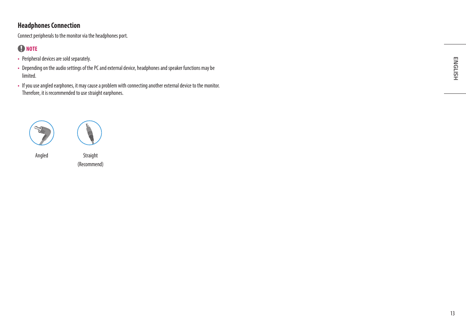 Headphones connection | LG UltraWide 49WL95C-WY.AUS 49" 32:9 Curved Dual QHD HDR IPS Monitor User Manual | Page 13 / 29