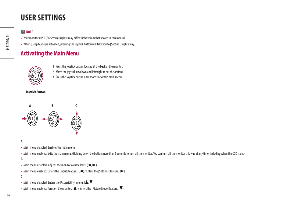 User settings, Activating the main menu | LG UltraWide 49WL95C-WY.AUS 49" 32:9 Curved Dual QHD HDR IPS Monitor User Manual | Page 14 / 29