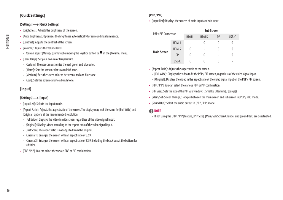 Quick settings, Input | LG UltraWide 49WL95C-WY.AUS 49" 32:9 Curved Dual QHD HDR IPS Monitor User Manual | Page 16 / 29