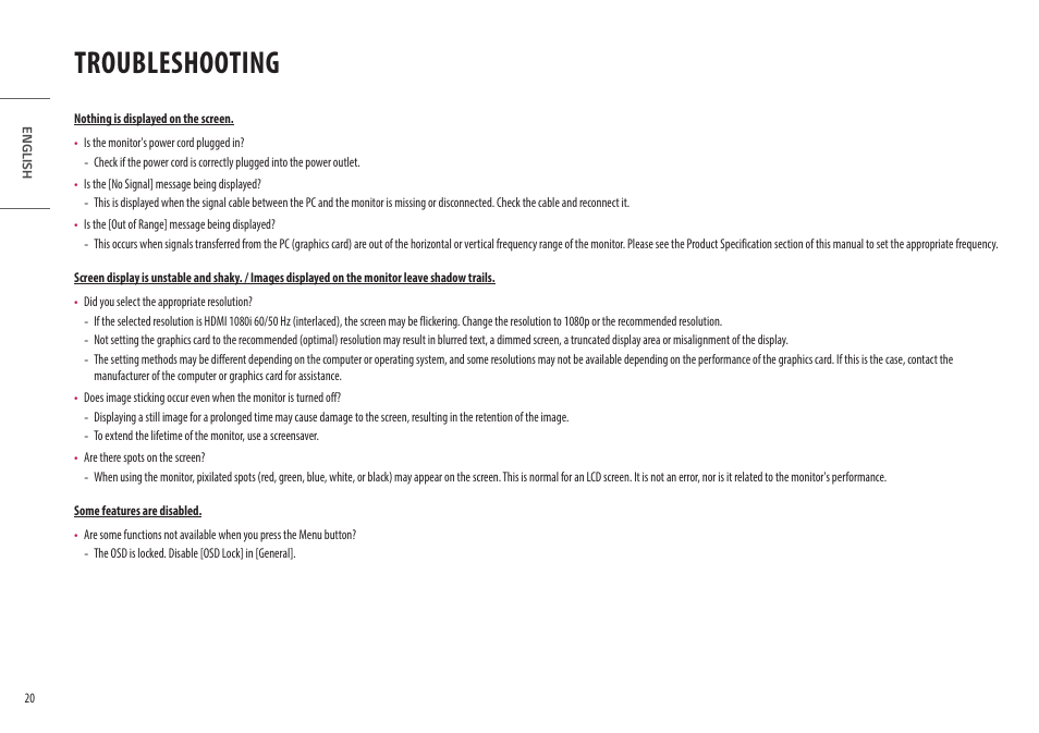 Troubleshooting | LG UltraWide 49WL95C-WY.AUS 49" 32:9 Curved Dual QHD HDR IPS Monitor User Manual | Page 20 / 29