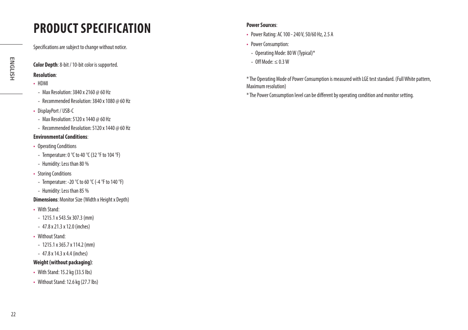 Product specification | LG UltraWide 49WL95C-WY.AUS 49" 32:9 Curved Dual QHD HDR IPS Monitor User Manual | Page 22 / 29