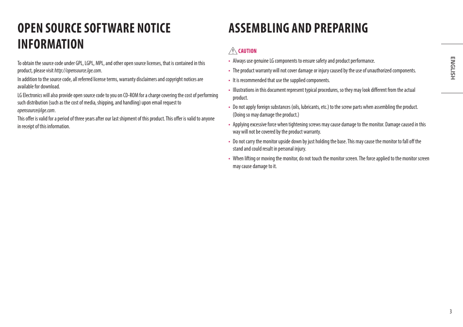 Open source software notice information, Assembling and preparing, Open source software notice | Information | LG UltraWide 49WL95C-WY.AUS 49" 32:9 Curved Dual QHD HDR IPS Monitor User Manual | Page 3 / 29