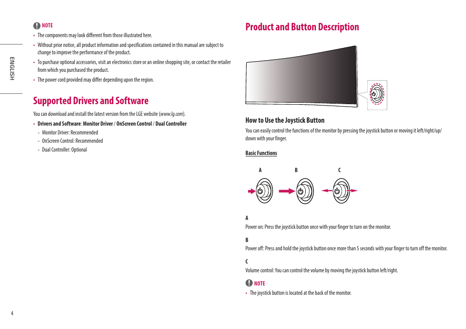 Supported drivers and software, Product and button description, How to use the joystick button | LG UltraWide 49WL95C-WY.AUS 49" 32:9 Curved Dual QHD HDR IPS Monitor User Manual | Page 4 / 29