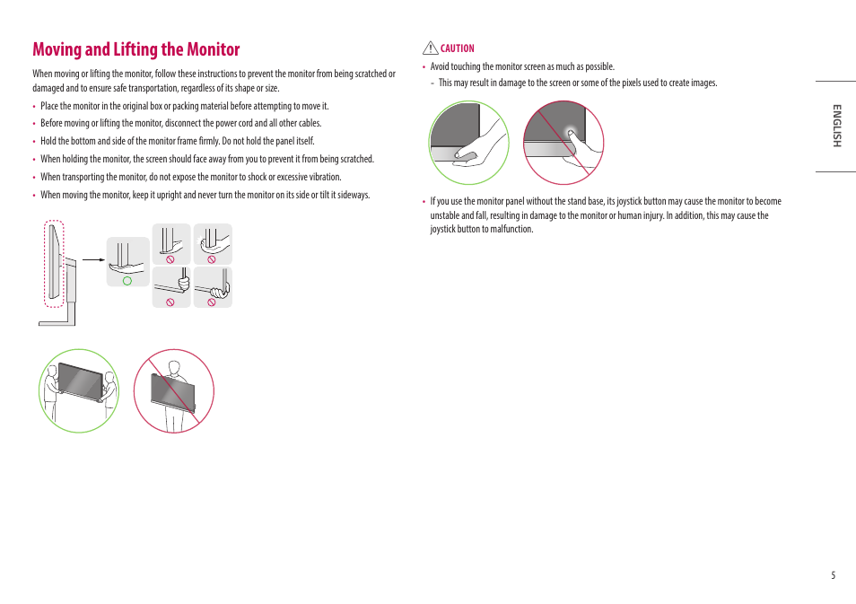 Moving and lifting the monitor | LG UltraWide 49WL95C-WY.AUS 49" 32:9 Curved Dual QHD HDR IPS Monitor User Manual | Page 5 / 29