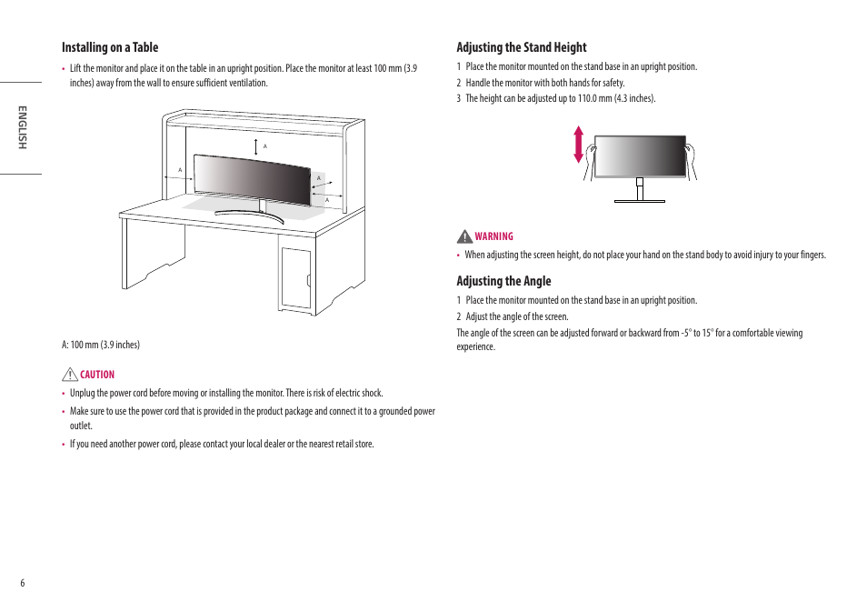 Installing on a table, Adjusting the stand height, Adjusting the angle | LG UltraWide 49WL95C-WY.AUS 49" 32:9 Curved Dual QHD HDR IPS Monitor User Manual | Page 6 / 29