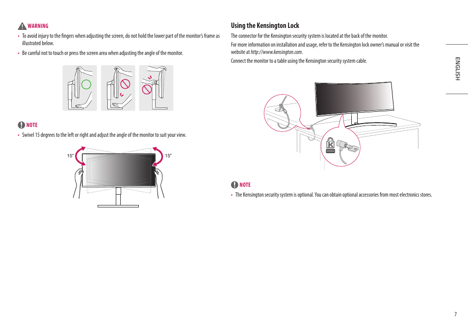 Using the kensington lock | LG UltraWide 49WL95C-WY.AUS 49" 32:9 Curved Dual QHD HDR IPS Monitor User Manual | Page 7 / 29